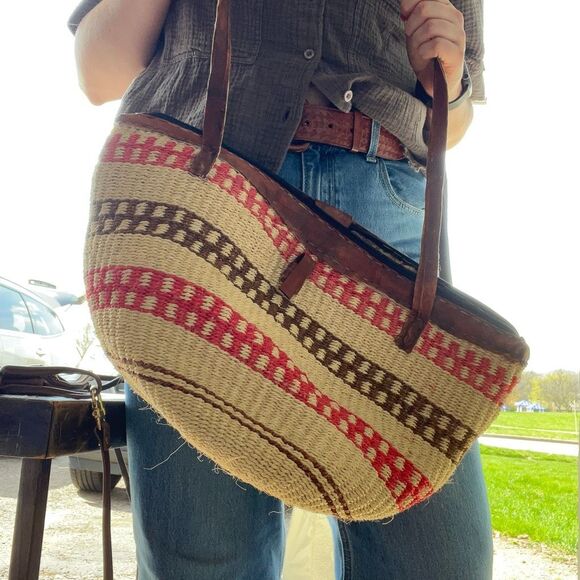 VTG Handwoven Sisal Tote Bag Leather Handles Boho Market Beach Purse - Picture 8 of 10